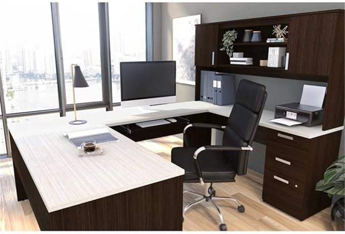 Pemberly Row U Shaped Computer Desk in Dark and White Chocolate