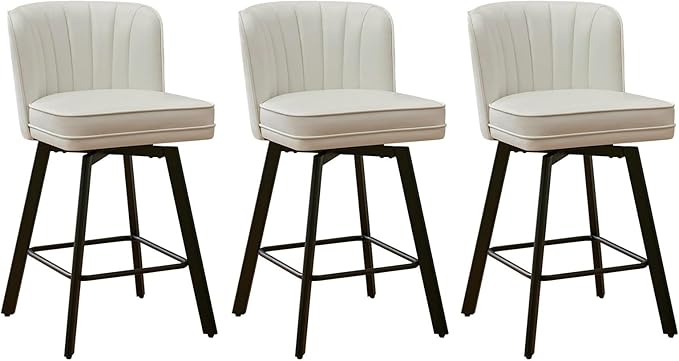 Swivel Counter Height Bar Stools Set of 3, 26'' Modern Barstools with Backs and Metal Legs, Upholstered Bar Chairs, Faux Leather White Stools for Kitchen Island Chairs