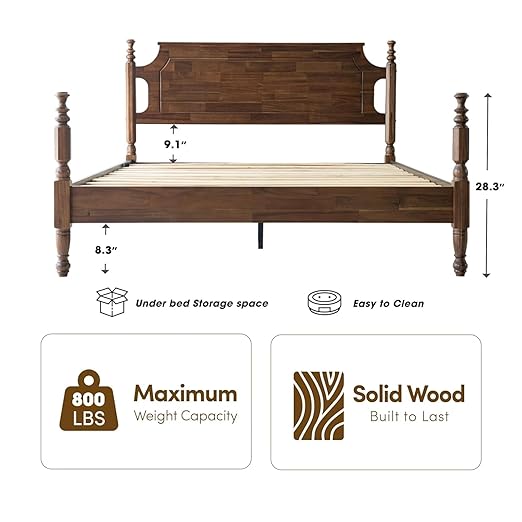 King Size Platform Bed Frame with Headboard & Footboard, Center Metal Legs with Solid Wood 12 Sturdy Slatted, Easy Assembly, No Box Spring Needed, Anti-Noise & Slip-Free, Walnut Finish, ROK-37