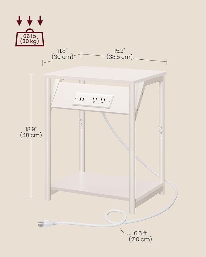 VASAGLE End Table with Charging Station, Set of 2, Small Side Tables for Living Room, Bedroom, Nightstand with Outlets and USB Ports, Bedside Table with Storage Shelf, Cream White