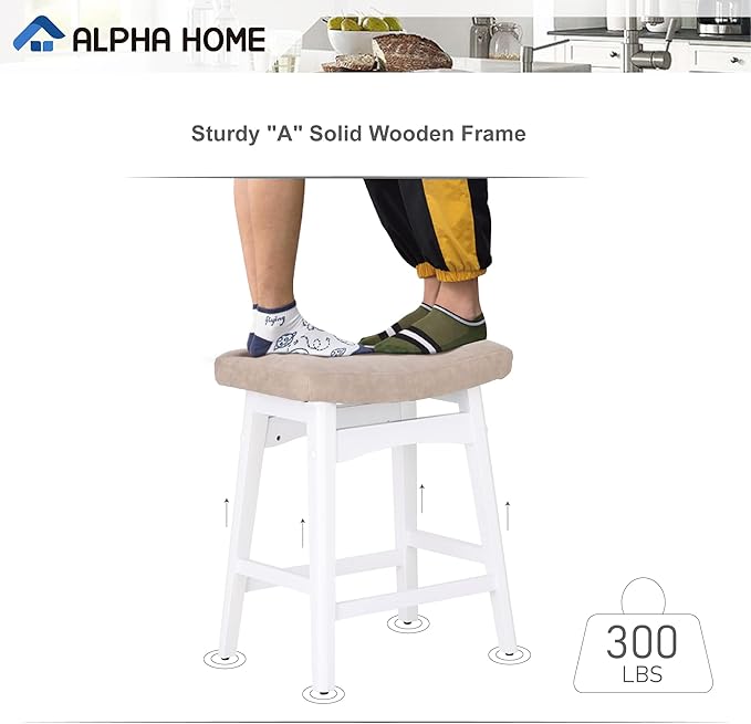 ALPHA HOME Bar Stools Set of 4, Solid Wood Saddle Kitchen Stools with Beige PU Leather Cushion Counter Height Barstools with Wooden Base for Kitchen Dining Cafe, 24 Inch, Beige, 4PCS