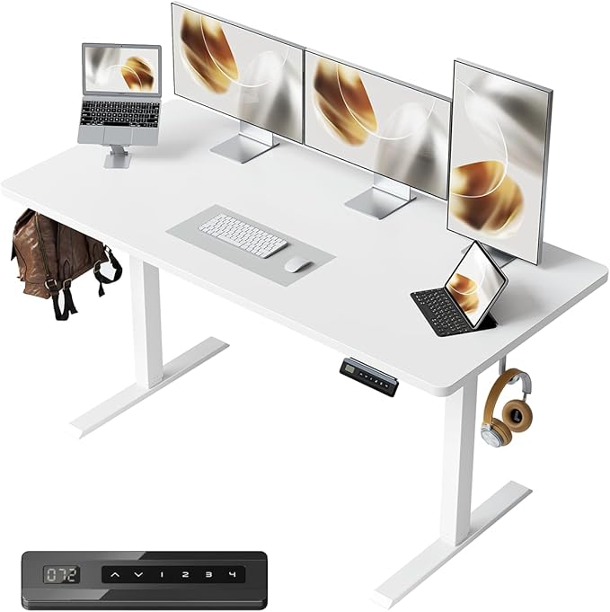 FEZIBO One-Piece Standing Desk Adjustable Height Stand up Home Office Desk, 55x24 Inch Electric Standing Computer Desk, with 4 Memory Presets, Headphone Hook, White