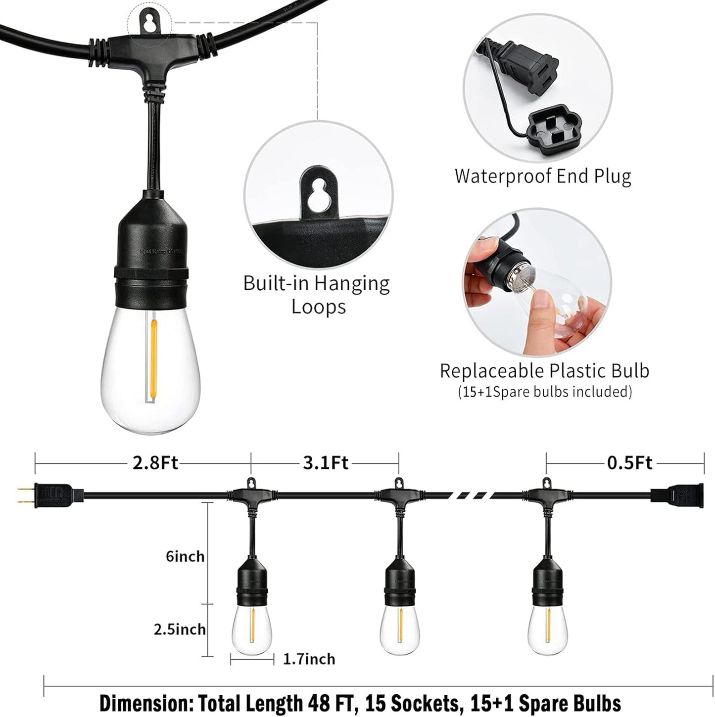 48FT Outdoor String Lights LED Heavy-Duty Waterproof Patio Lights with 16 Shatterproof Plastic 2200K Warm White Bulbs for Patio Gazebo Pergola Cafe Market Bistro