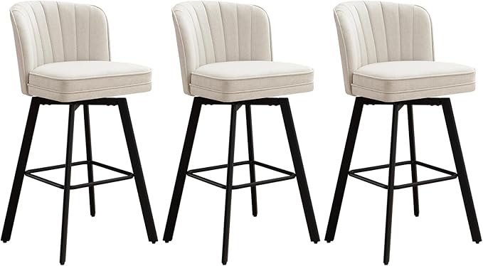 Swivel Counter Height Bar Stools Set of 3, 30'' Modern Barstools with Backs and Metal Legs, Upholstered Bar Chairs, Beige, Fabric Stools for Kitchen Island Chairs
