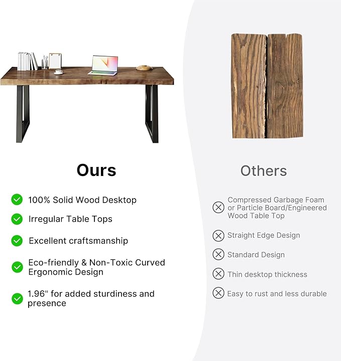 Solid Wood Desk 55 inches, Home Office Computer Desk Wooden Rustic Writing Desk Metal Modern Simple Design Executive Real Wood Desk(Dark Brown)