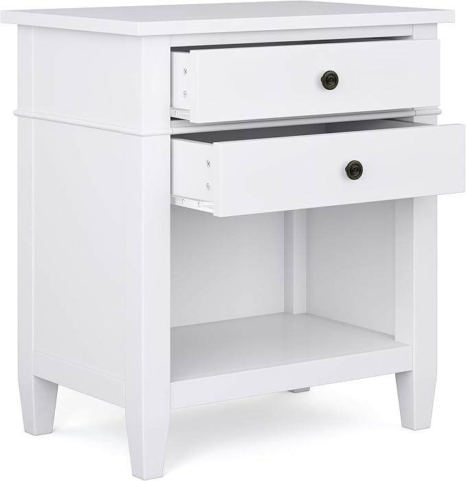 SIMPLIHOME Carlton Bedside Table - 24 inch Wide Solid Wood Nightstand Table in White, Transitional Bedroom Side or End Table with 2 Drawers, Open Storage Shelf and Bronze Hardware