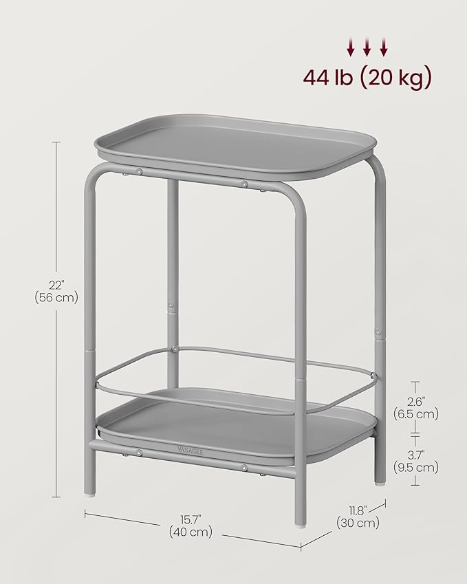 VASAGLE 2-Tier Outdoor Table, Small Side End Table with Tray Storage, Bedside Nightstand for Living Room, Bedroom, Modern Style, Dove Gray ULET243G01