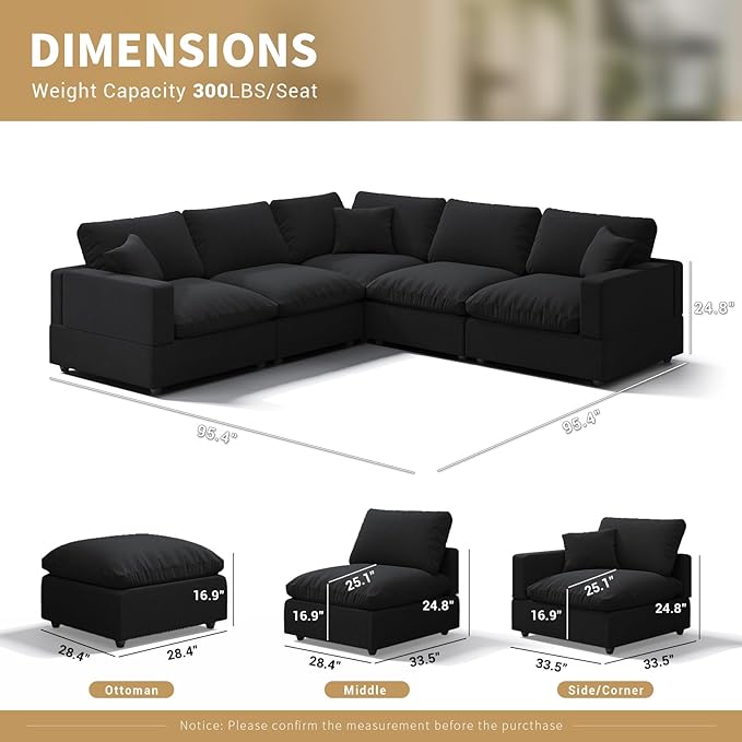 Modern Sectional Linen Couch for Living Room V-Shape Sofas,5 Seat Modular Cloud Sofas,Couches Cushion Covers Removable,Cozy Feather Down Sofa for Apartment Black