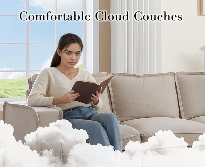 EALSON 119" Modular Sectional Sofa Comfy Cloud Couch with Ottoman Modern Convertible L Shape Couches with Wooden Legs Linen Deep Seat Couch 4-Seater Sofa with Ottoman for Living Room/Apartment,Oatmeal