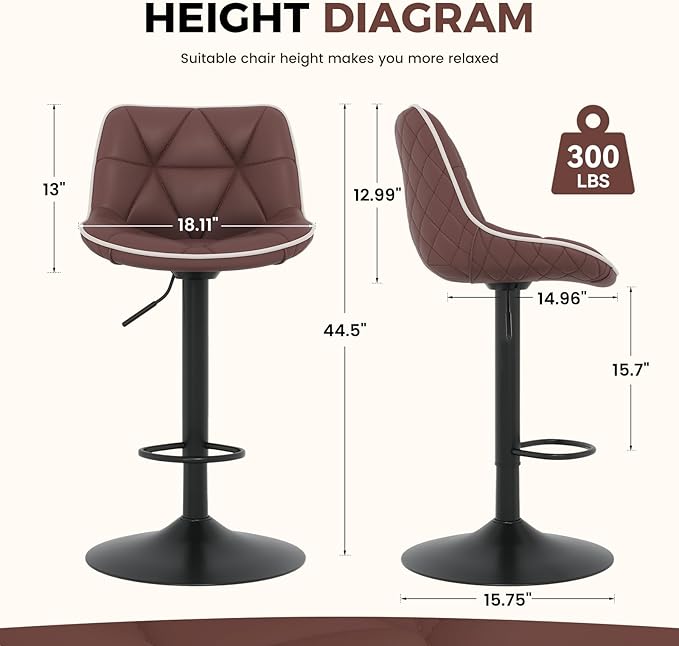 Nalupatio Bar Stools Set of 4, Adjustable Swivel Counter Height Bar Stools with Back, Armless Modern Barstools for Kitchen Island & Home Bar, Upholstered Seat,（Brown）