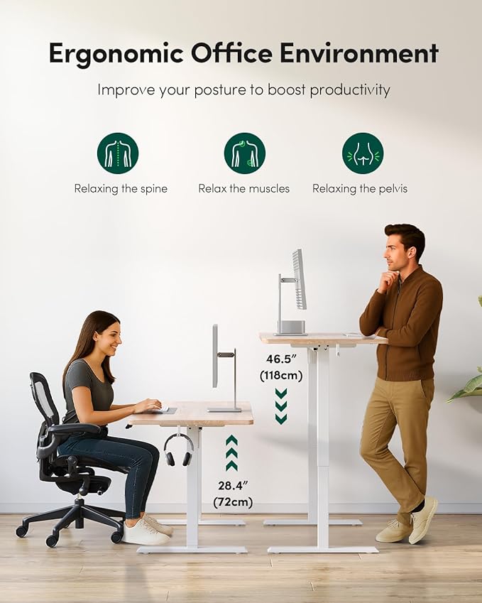 FEZIBO One-Piece Standing Desk Adjustable Height Stand up Home Office Desk, 55x24 Inch Electric Standing Computer Desk, with 4 Memory Presets, Headphone Hook, Maple