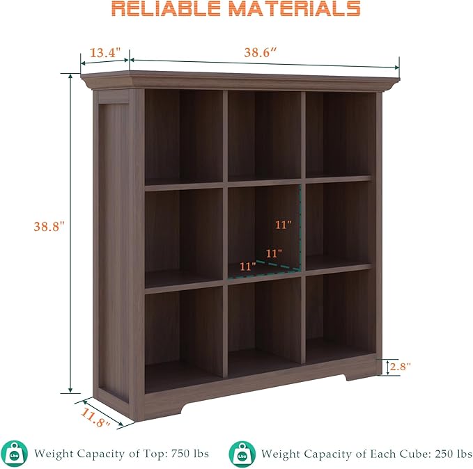 Cube Shelf Bookcase with Base - Wooden 3 Tiers Floor Standing Low Storage Cabinet for Home and Office, 9-Cube Lattice Bookshelf, Walnut
