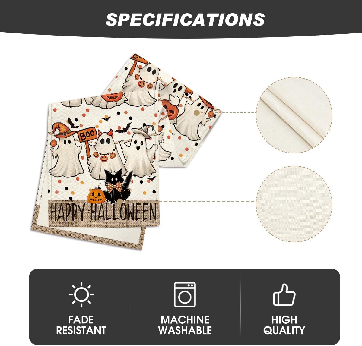 Artoid Mode Beige Ghost Jack-O'-Lantern Black Cat Halloween Table Runner,Holiday Kitchen Dining Table Decoration for Home Party Decor 13 x 120 Inch
