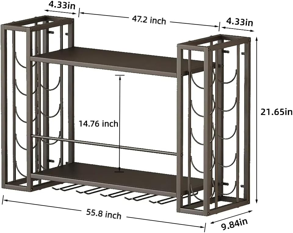 Wall Mounted Wine Rack, Wine Rack Wall Mounted with Wine Glass Rack, 2-Tier Multi-Functional Shelf for Home Restaurant Bar Storage Rack,Black (47.2”W x 9.8”D x 21.65”H)