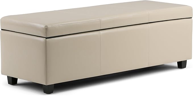 SIMPLIHOME Avalon Storage Ottoman Bench - 48 inch Wide Upholstered Vegan Leather Rectangular Lift-Top Ottoman in Satin Cream, Contemporary Storage Bench for Living Room with High-Density Foam