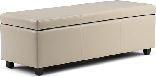 SIMPLIHOME Avalon Storage Ottoman Bench - 48 inch Wide Upholstered Vegan Leather Rectangular Lift-Top Ottoman in Satin Cream, Contemporary Storage Bench for Living Room with High-Density Foam