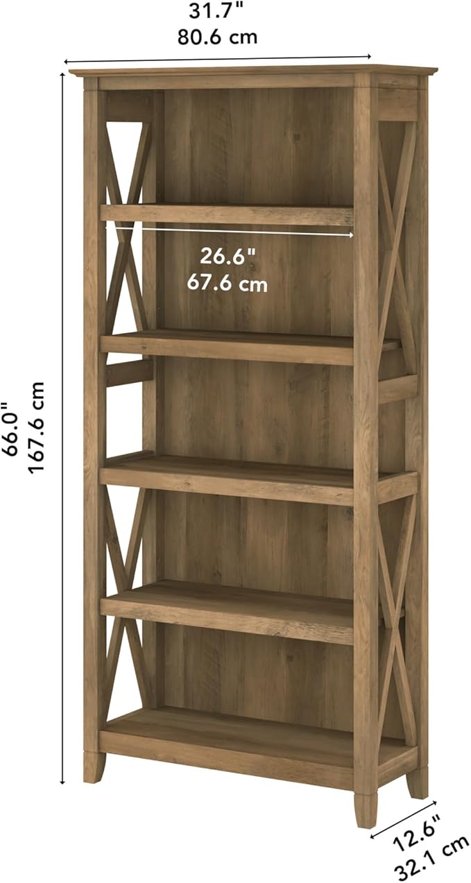 Bush Furniture Tall 5 Shelf Bookcase for Living Room or Home Office, Large Bookshelf, Modern Farmhouse Style, Key West Collection, Reclaimed Pine