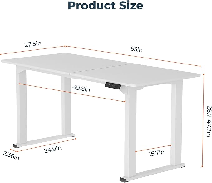 4 Legs Standing Desk, Large 63x28 Inches Electric Adjustable Height Desk with Splice Board, Stand Up Desks Home Office Computer Workstation, White