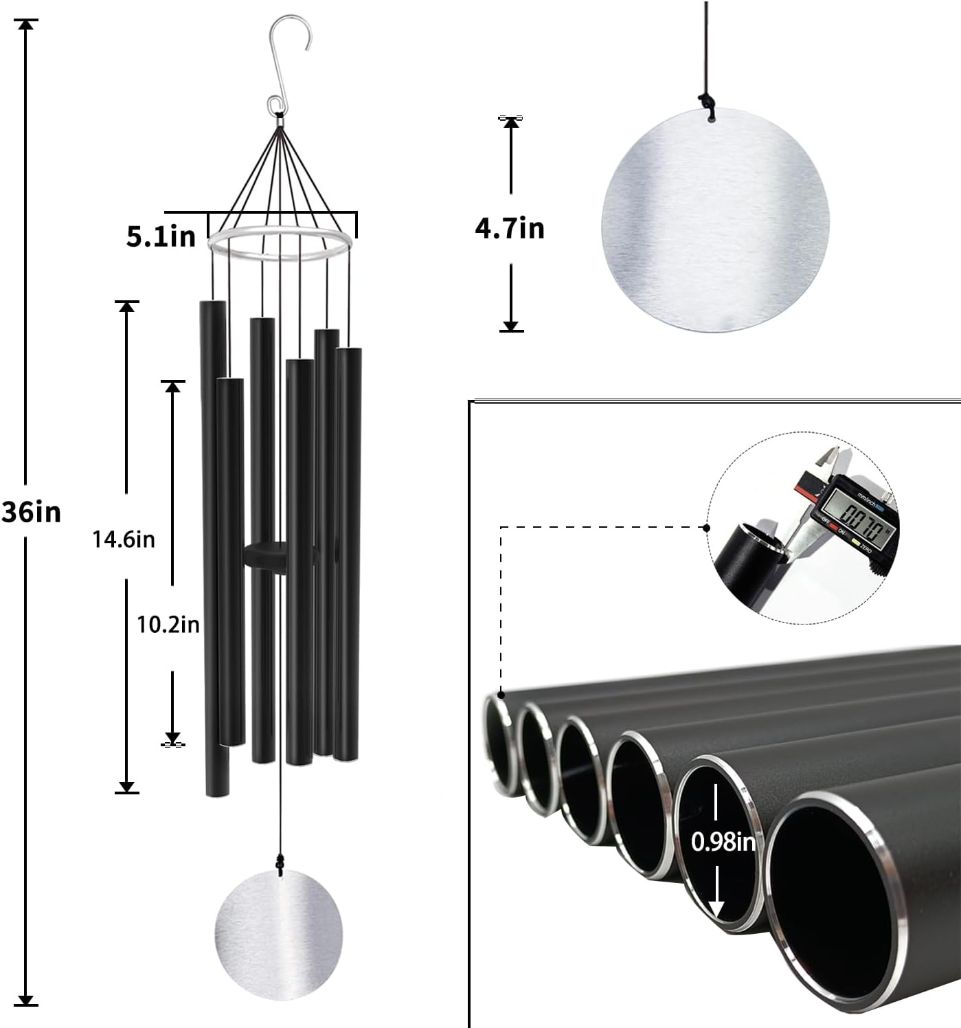 ASTARIN Wind Chimes Outdoor Large Deep Tone,36 Inch Large Chimes for Outside Tuned Relaxing Soothing Low Bass,Memorial Windchimes Sympathy for Mom Dad,Black