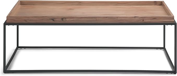 SIMPLIHOME Carter Coffee Table - 47 inch Wide Solid Acacia Wood Industrial Tray Top Cocktail Table in Natural Acacia, Stylish Living Room Table with Fixed Tray Shelf and Metal Base