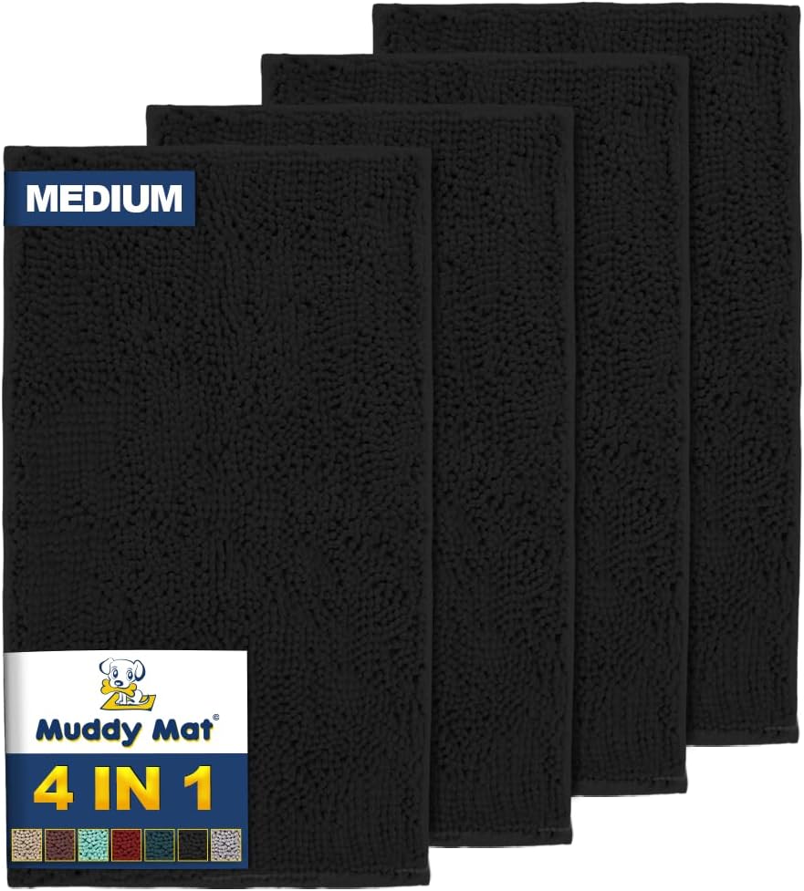 Muddy Mat® 4-Piece Black Medium 30"X19" AS-SEEN-ON-TV Highly Absorbent Microfiber Door Mat, Bath Mat and Pet Rug, Non Slip Thick Washable, Soft Chenille for Kitchen Bathroom Bedroom Indoor and Outdoor
