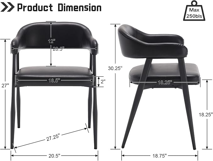 HNY Modern Dining Room Arm Chairs Set of 2, Retro Faux Leather Upholstered Barrel Dining Chairs with Arms Mid-Century Black Accent Chair with Metal Legs, Open-Back Kitchen Side Chair for Living Room