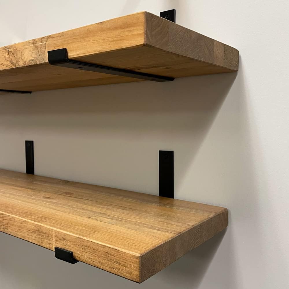 Rustic Shelves with J-Brackets Set of 2, Industrial Shelf, Kitchen Shelves, Solid Wood, Decorative Wall Storage, Heavy Duty, URBANDI (Brown, 12Wx10D)