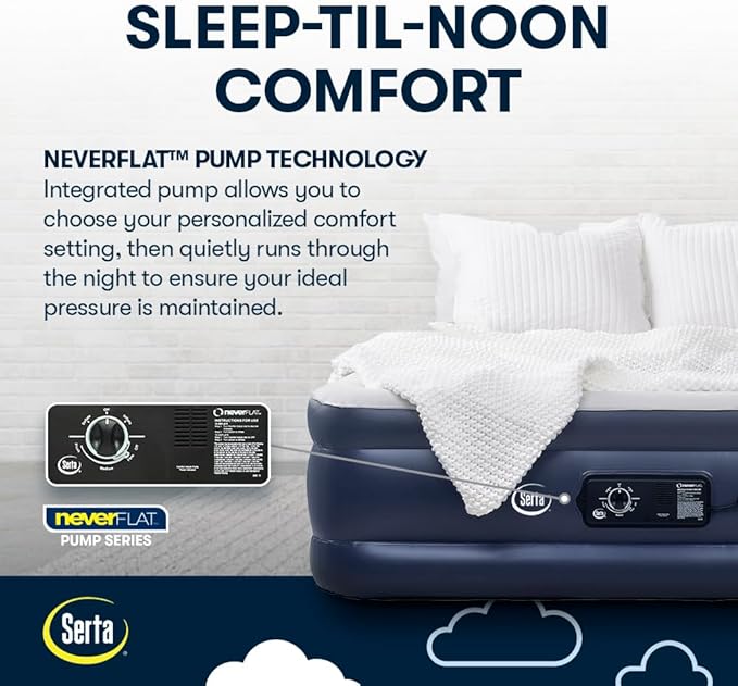 Serta Raised Air Mattress with Never Flat Pump | Luxury Inflatable Mattress with Built in Air Pump to Ensure a Good Night’s Rest | Heavy Duty Blow Up Mattress with Self Inflating Pump
