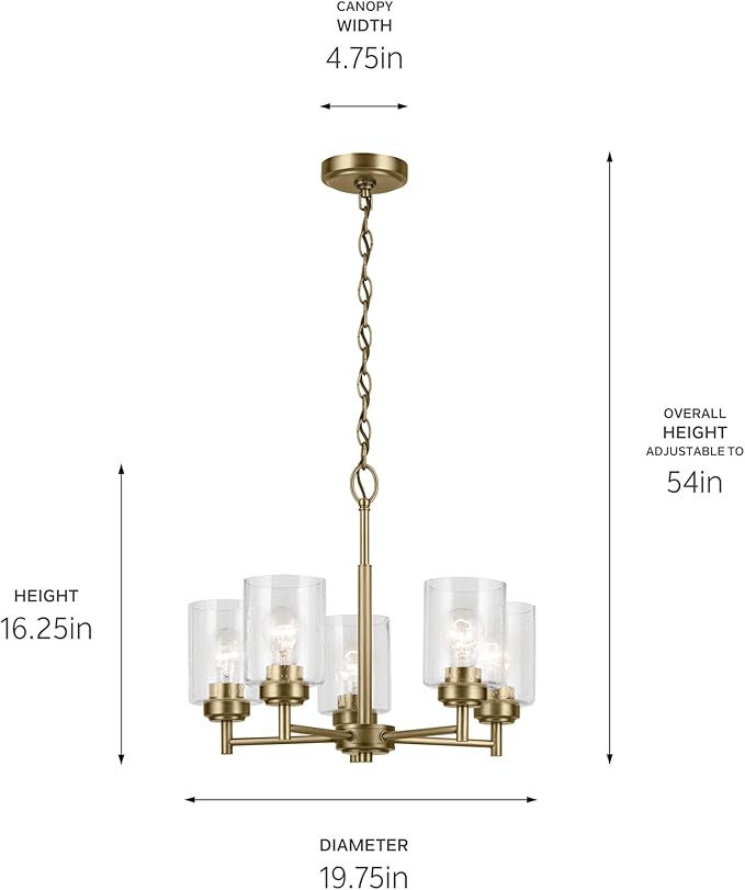 KICHLER Winslow 16.25" 5-Light Chandelier with Clear Seeded Glass in Natural Brass for Kitchen or Dining Area, Luxe Industrial (16.25" x 19.75"), 44030NBR