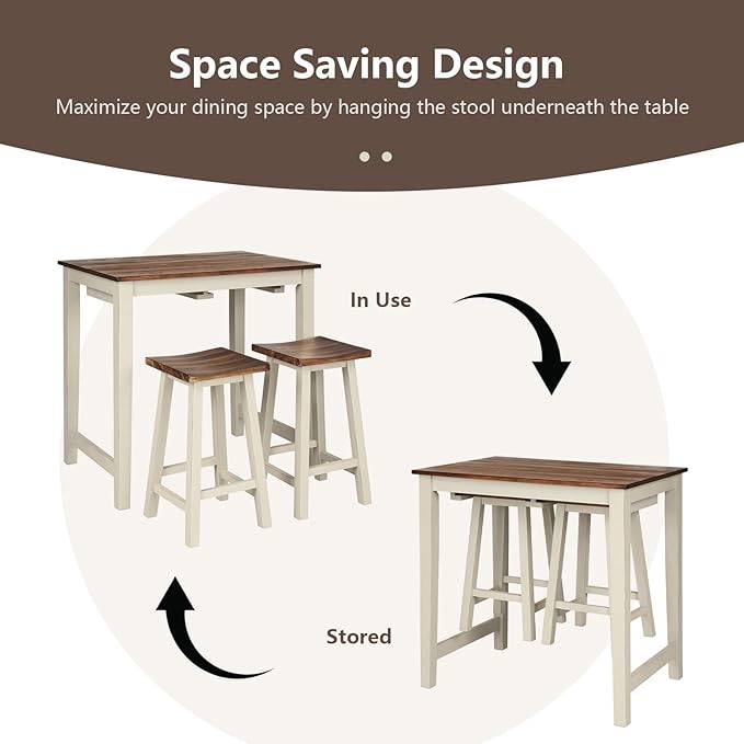 COSTWAY 3 Pieces Dining Set, Counter Height Pub Table Set with 2 Saddle Stools, Industrial Wood Breakfast Table Set for Bar, Kitchen, Living Room, Restaurant