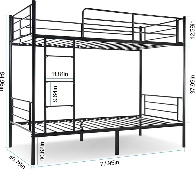 Bunk Bed Twin Over Twin,Bunk Beds for Kids Teens Adults with Ladders and Guardrail,Sturdy Literas Heavy Duty Metal Slats,400 lbs Capacity,No Spring Box Required,Black