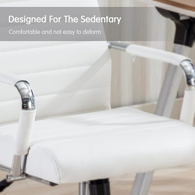 Home Office Chair Ribbed, Modern Leather Conference Room Chairs, Ergonomic Office Desk Chair, High Back Executive Computer Chair, Adjustable Swivel Chair with Arms (White)