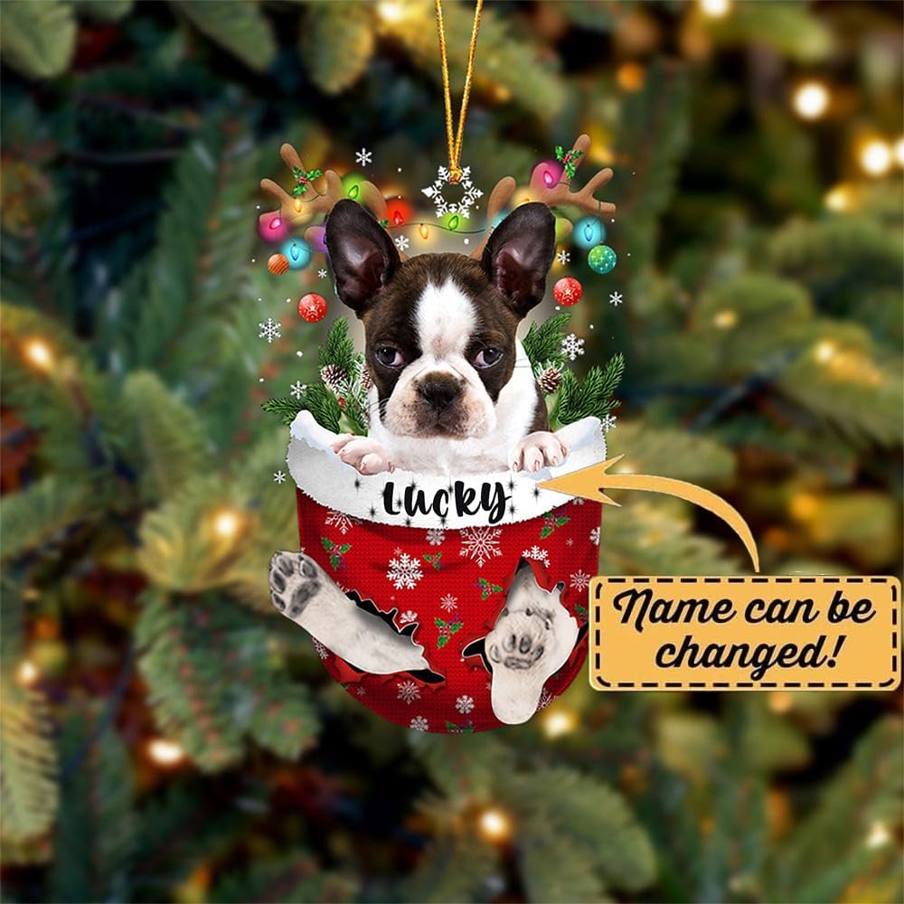 Brindle Boston Terrier Dog Snow Pocket Christmas Tree Ornament, Gift for Dog Lovers