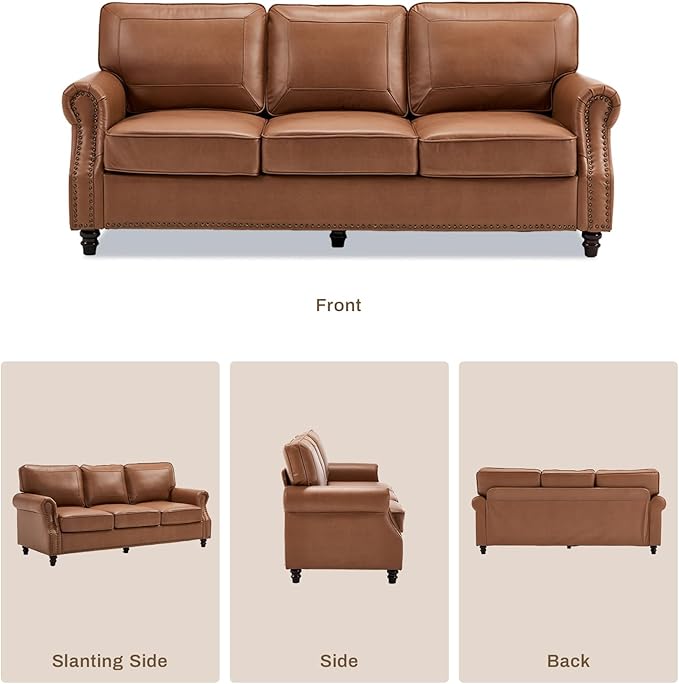 Kingfun Mid-Century Modern Couch, Faux Leather Sofa, 3 Seater Couch for Living Room with Rolled arms & Nailhead Trim, Brown