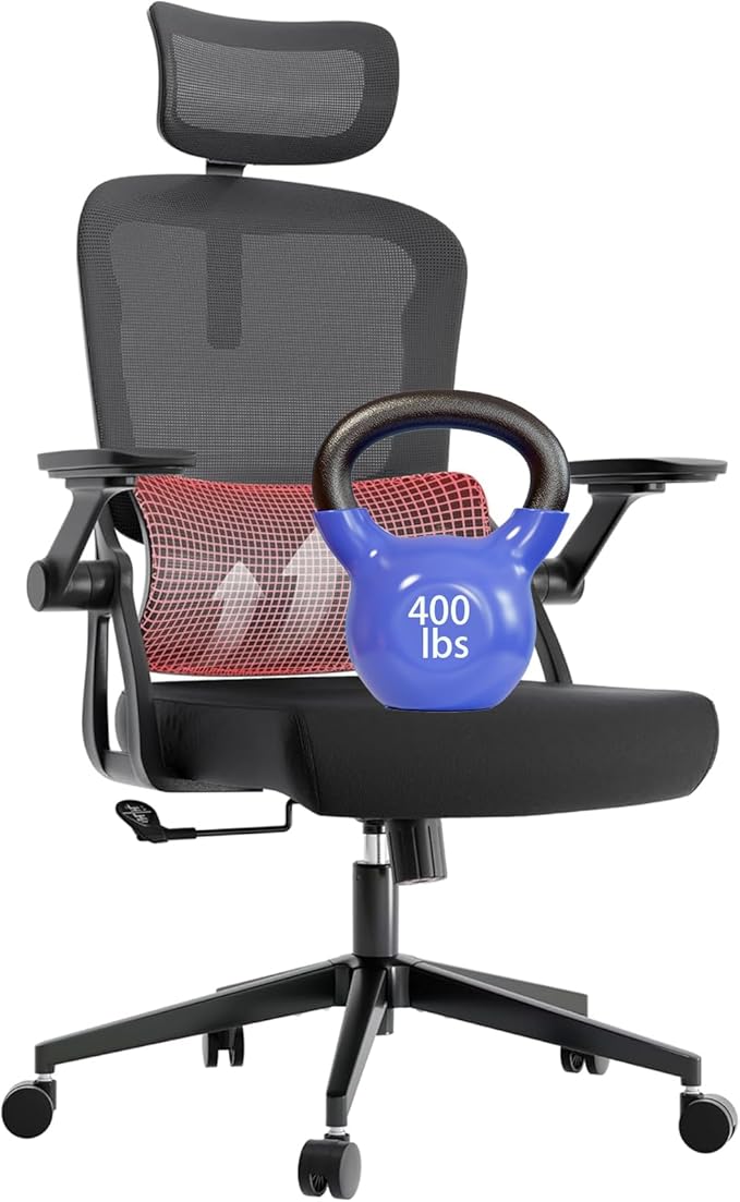 Ergonomic Office Chair - 400LB Comfy Desk Chairs with Adjustable Headrest and Lumbar Back Support, Mesh Computer Chairs with Wheels and Arms for Home Office, Study, Bedroom and Dorm (05black)