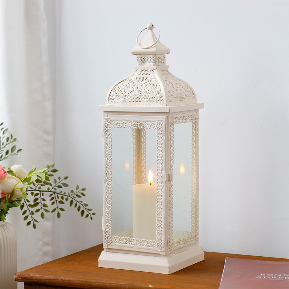 TRIROCKS Rustic Style Metal Candle Lantern 19'' High Decorative Hanging Lantern Candle Holder with Tempered Glass for Christmas Living Room Garden Yard Patio Parties Events Indoors Outdoors(Cream)