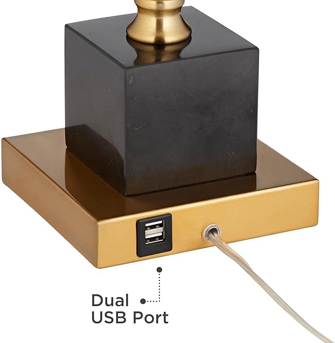 Possini Euro Design Wayne Modern Table Lamps 29 1/4" Tall Set of 2 with USB Charging Port Brass Gold Black Tapered Drum Shade for Bedroom Living Room Nightstand Bedside Night Stand Office Kids Room