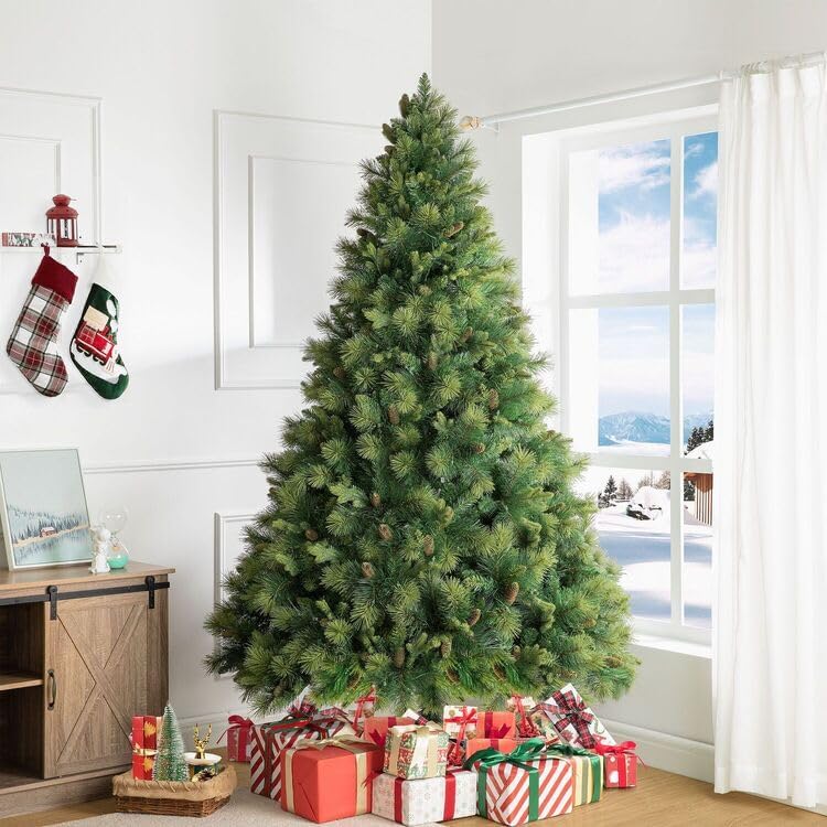Naomi Home 7.5ft Christmas Tree with Lights, Realistic Traditional Prelit with Pine Cones, Foot Pedal 1556 Branch Tips, 750 Warm Lights and Metal Stand, Aritificial Tree