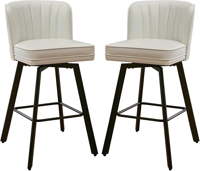 Swivel Counter Height Bar Stools Set of 2, 30'' Modern Barstools with Backs and Metal Legs, Upholstered Bar Chairs, Faux Leather White Stools for Kitchen Island Chairs
