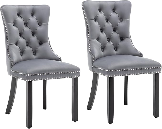 Velvet Dining Chairs Set of 2, Tufted Dining Room Chairs with Nailhead Ring Pull Trim, Upholstered Dining Chairs with Solid Wood Legs for Kitchen Dining Room, Sillas De Comedor (Grey)