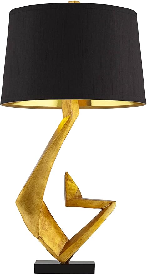 Possini Euro Design Zeus 28 1/2" Tall Modern Glam End Table Lamps Set of 2 Sculptural Gold Leaf Living Room Bedroom Bedside Nightstand House Office Home Reading Kitchen Entryway Console Black Shade