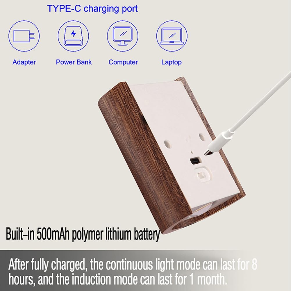 LANDGOO Smart Night Light Step Light - Rechargeable Motion Sensor Stair Lamp, 2700K Warm White LED Walnut Wood for Bedroom Hallway Safety (1 Pack)