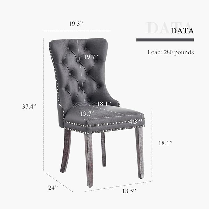 Leather Dining Chair Set of 2, Dining Room Chairs with Nailhead Ring Pull Trim, Upholstered Dining Chairs with Solid Wood Legs for Kitchen Dining Room (Grey)