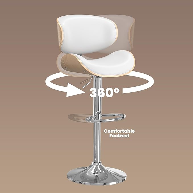 Bar Stools Set of 2, Bar Stools for Kitchen Island with Bentwood Back and Leather Seat, Swivel Barstools for Kitchen Counter, Bar, Snow White