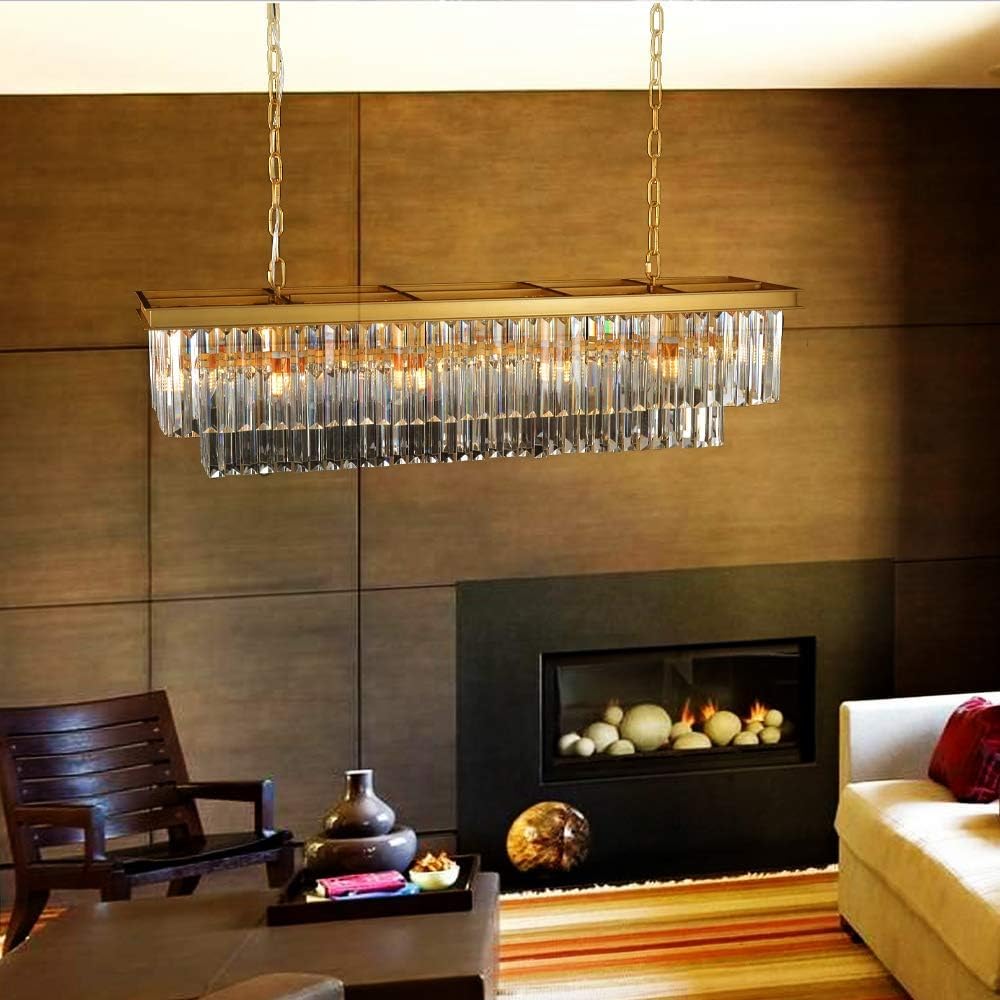 L39.4 W10.2 Gold Rectangle Modern Crystal Chandeliers Lighting Pendant Ceiling Lights Fixture Lamp for Dining Living Room