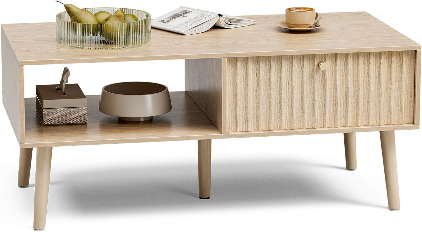 Coffee Table with Storage, Boho Dining Table with Fluted Drawer and Solid Wood Legs, Small Coffee Tables for Living Room, Oak