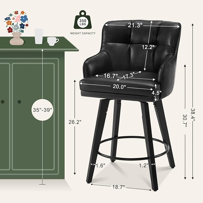 360°Swivel Counter Height Bar Stools with Back, 26 inch Solid Wood Legs, Bar Stool Modern Kitchen Island Chairs, Faux Leather (Black- Faux Leather, 26" H- Set of 4)