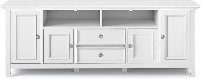 SIMPLIHOME Amherst 72-inch Wide Solid Wood TV Stand in White, Transitional-Style Media Console for Living Room with Cable Management and Adjustable Shelves, Fits 80" TVs