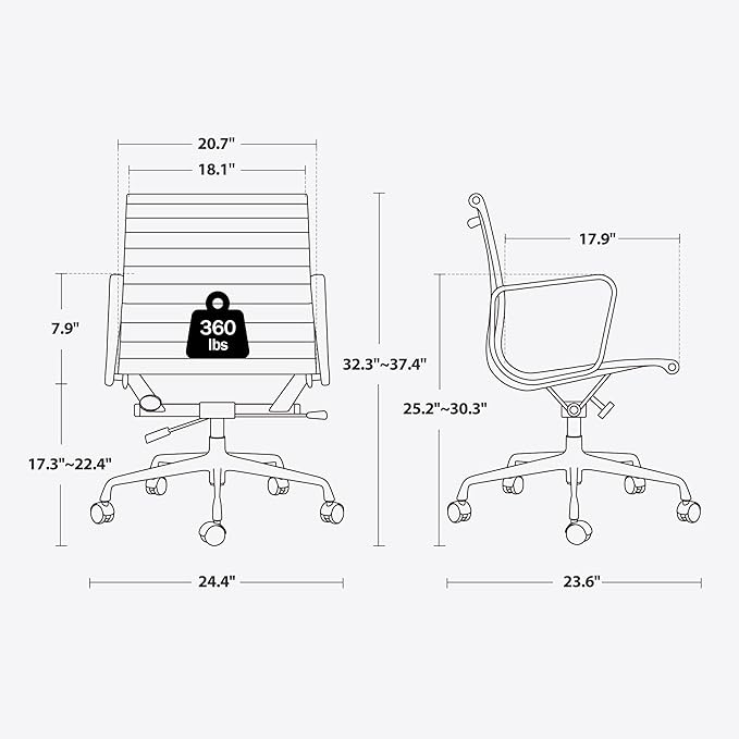 Ribbed Office Chair with Top Grain Leather - Mid Back Ergonomic Desk Chair with Aluminum Arms & Frame, Swivel Wheels & Tilt Function, Adjustable Height