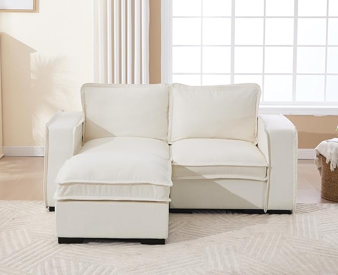 EALSON 67" Sectional Couch Modern Love Seat with Ottoman Modular Cloud Sofa with Deep Seat Comfy Linen Loveseat Sofa Convertible L Shaped Couches 2 Seater Couch for Living Room/Bedroom, White